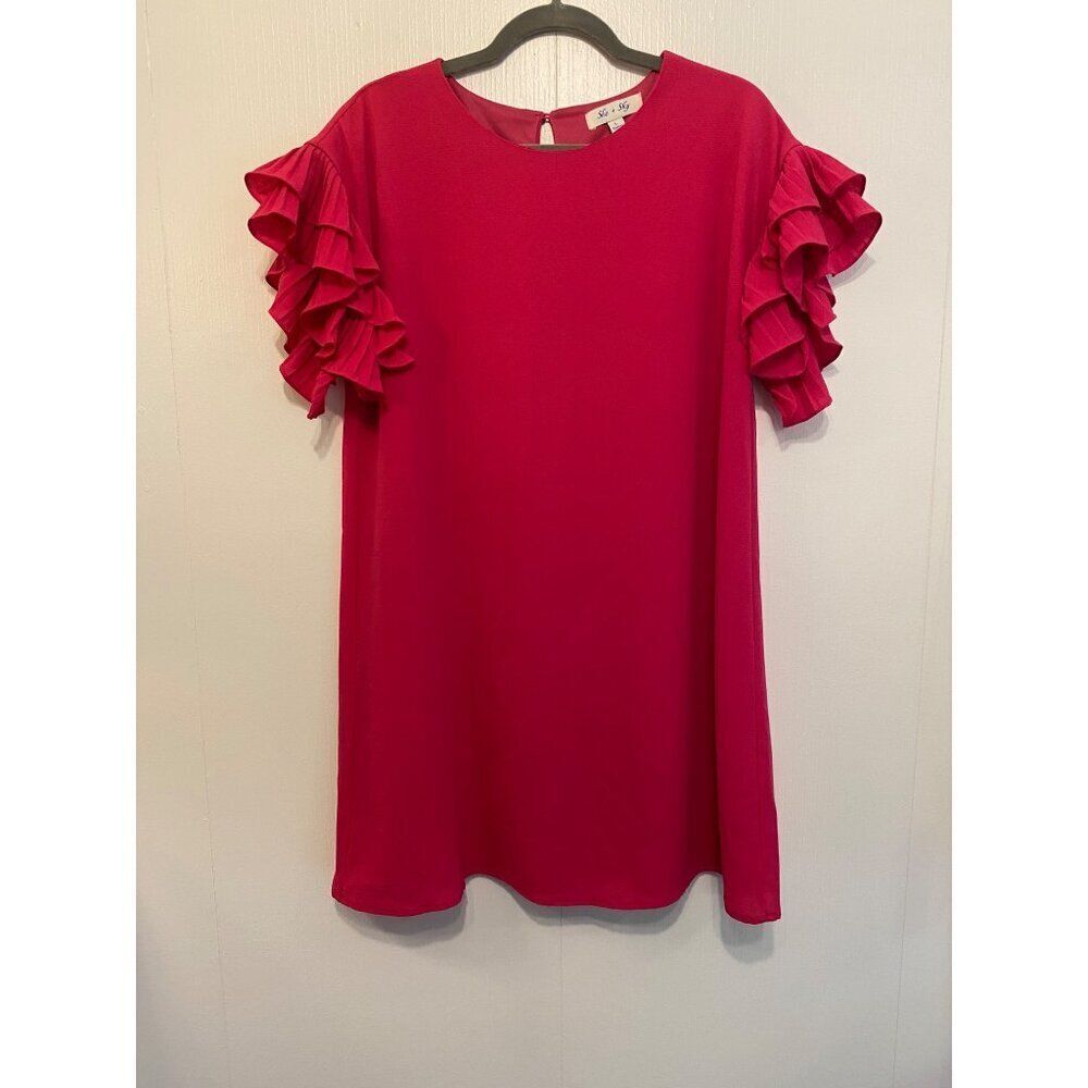 She + Sky Womens Large Pink Ruffle Sleeve Dress Keyhole Back Artsy Barbie